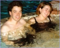 Our first picture together, taken July 13 at a friends pool party.